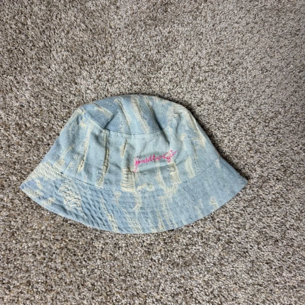 Kendall + Kylie Light Wash Distressed Denim Bucket Hat Pink Logo O/S